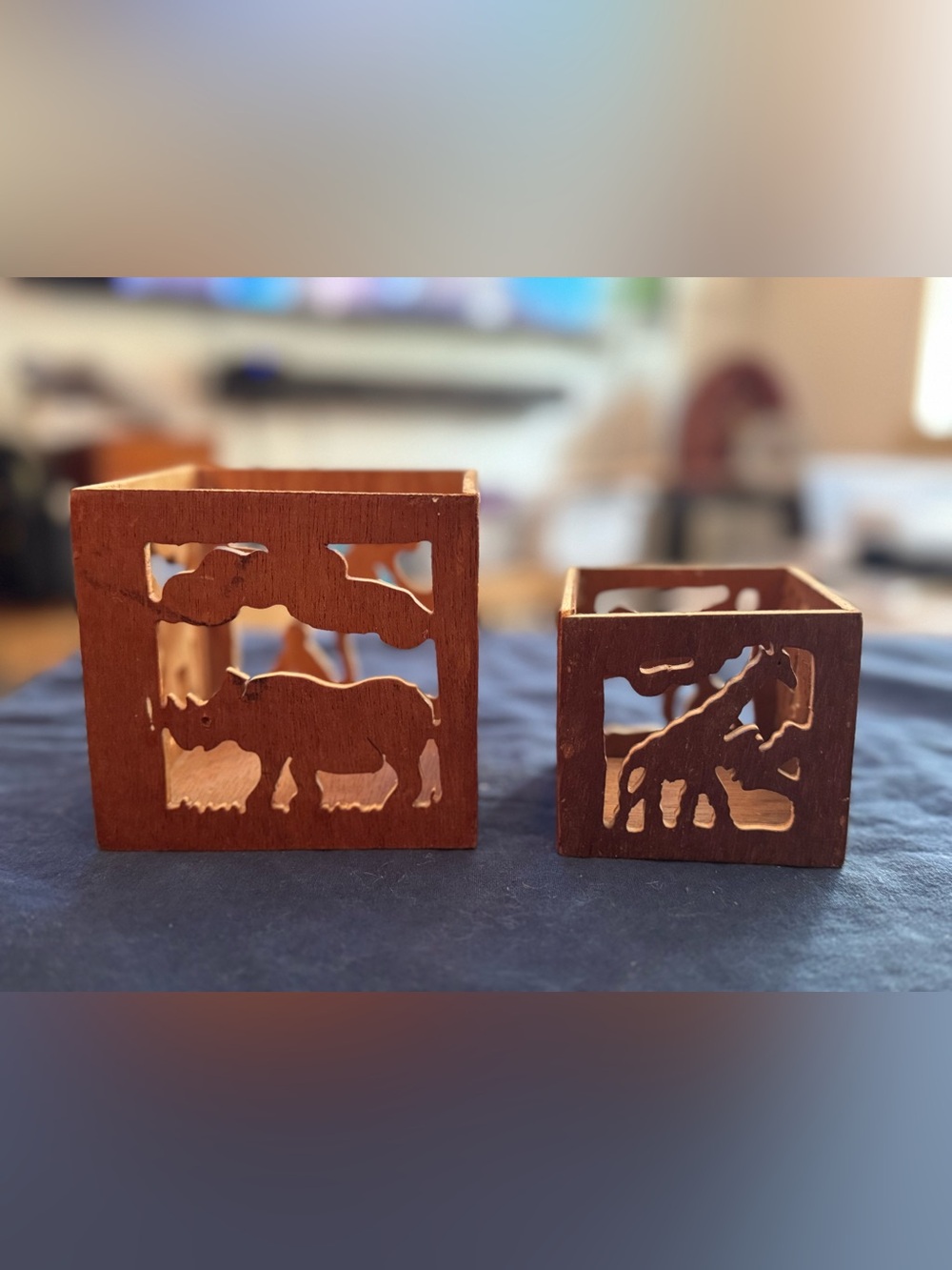Hand-Carved Wooden Animal Napkin/Utensil Holders - Brown